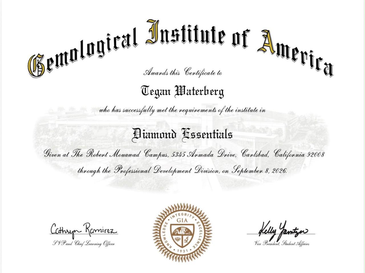 Gemological Institute of America certificate awarded to OLIVE